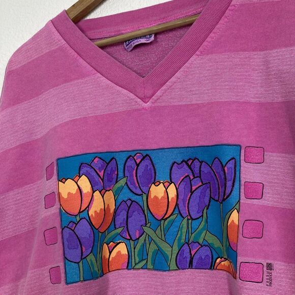 Vintage Fresh Produce Sweater Womens Medium Striped Tulip Floral Pullover USA - Picture 3 of 13
